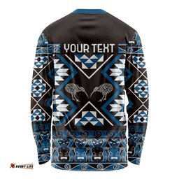 Personalised Taniko Motifs Aotearoa Long Sleeve Shirt Waitangi Kowhaiwhai Kiwi - Blue LT7