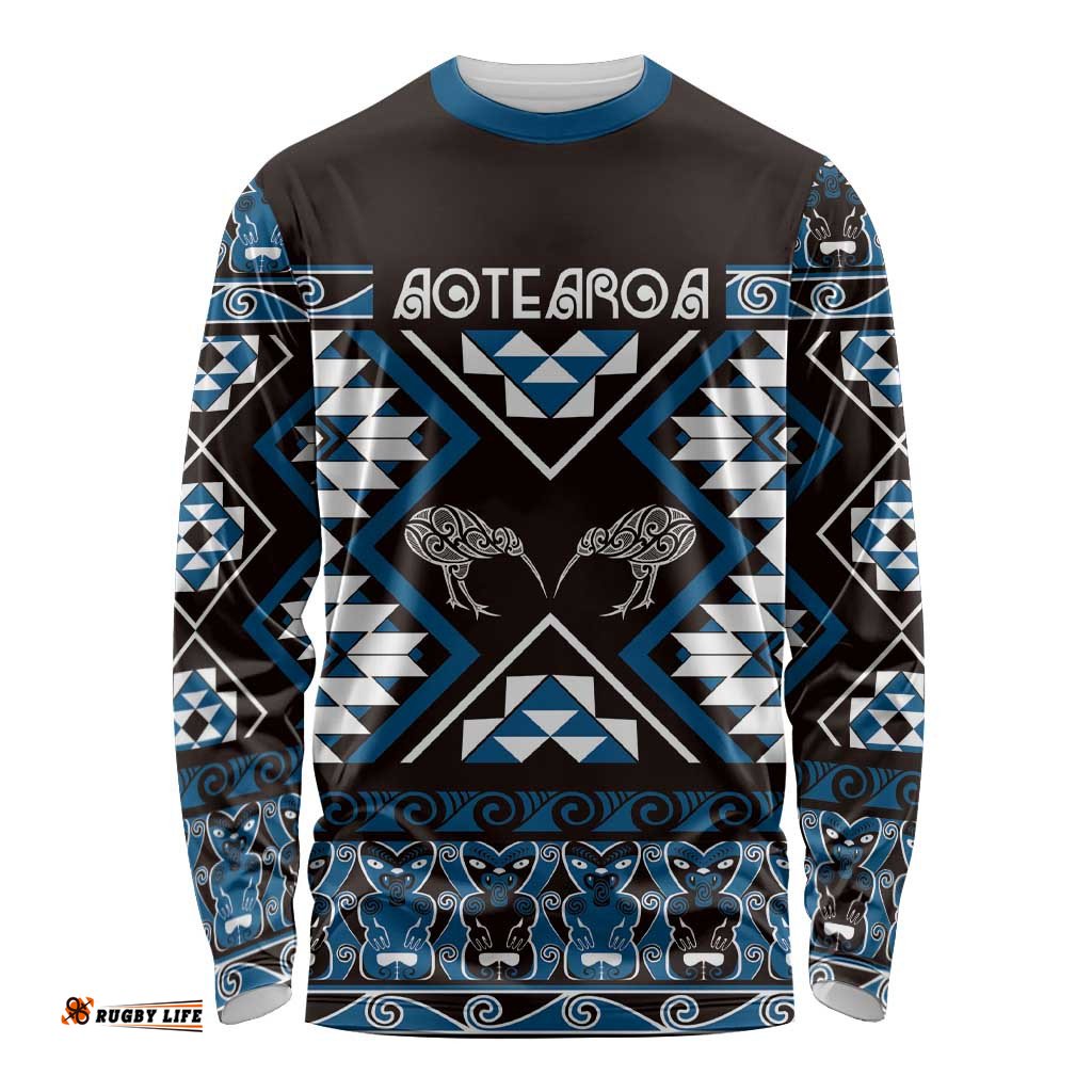 Personalised Taniko Motifs Aotearoa Long Sleeve Shirt Waitangi Kowhaiwhai Kiwi - Blue LT7