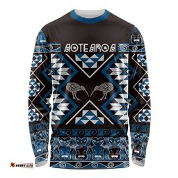 Personalised Taniko Motifs Aotearoa Long Sleeve Shirt Waitangi Kowhaiwhai Kiwi - Blue LT7
