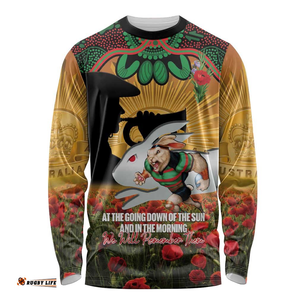 Personalised Rabbitohs Rugby ANZAC Day Long Sleeve Shirt Last Post Poppy We Will Remember Them LT14