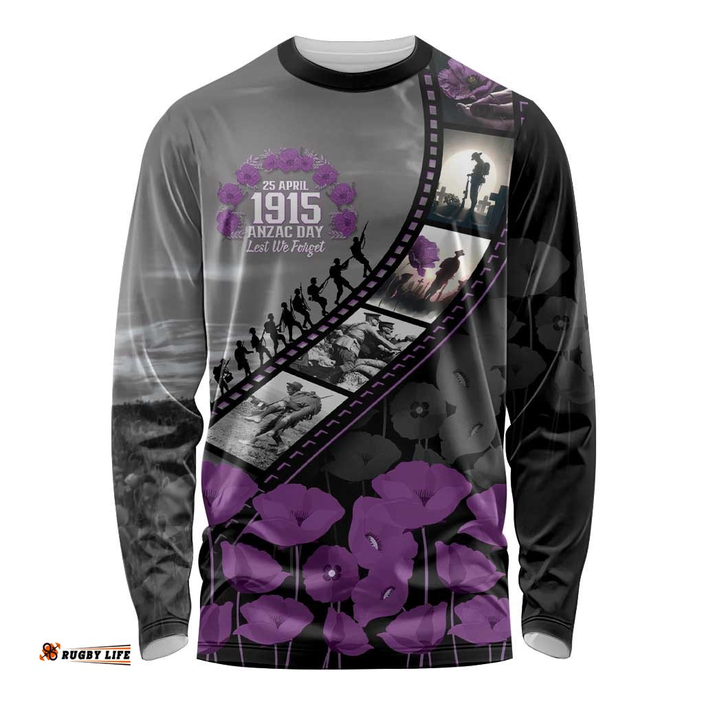 Personalised Remembering ANZAC Lest We Forget Long Sleeve Shirt Vintage Film Frame Memorial Purple Poppy LT9