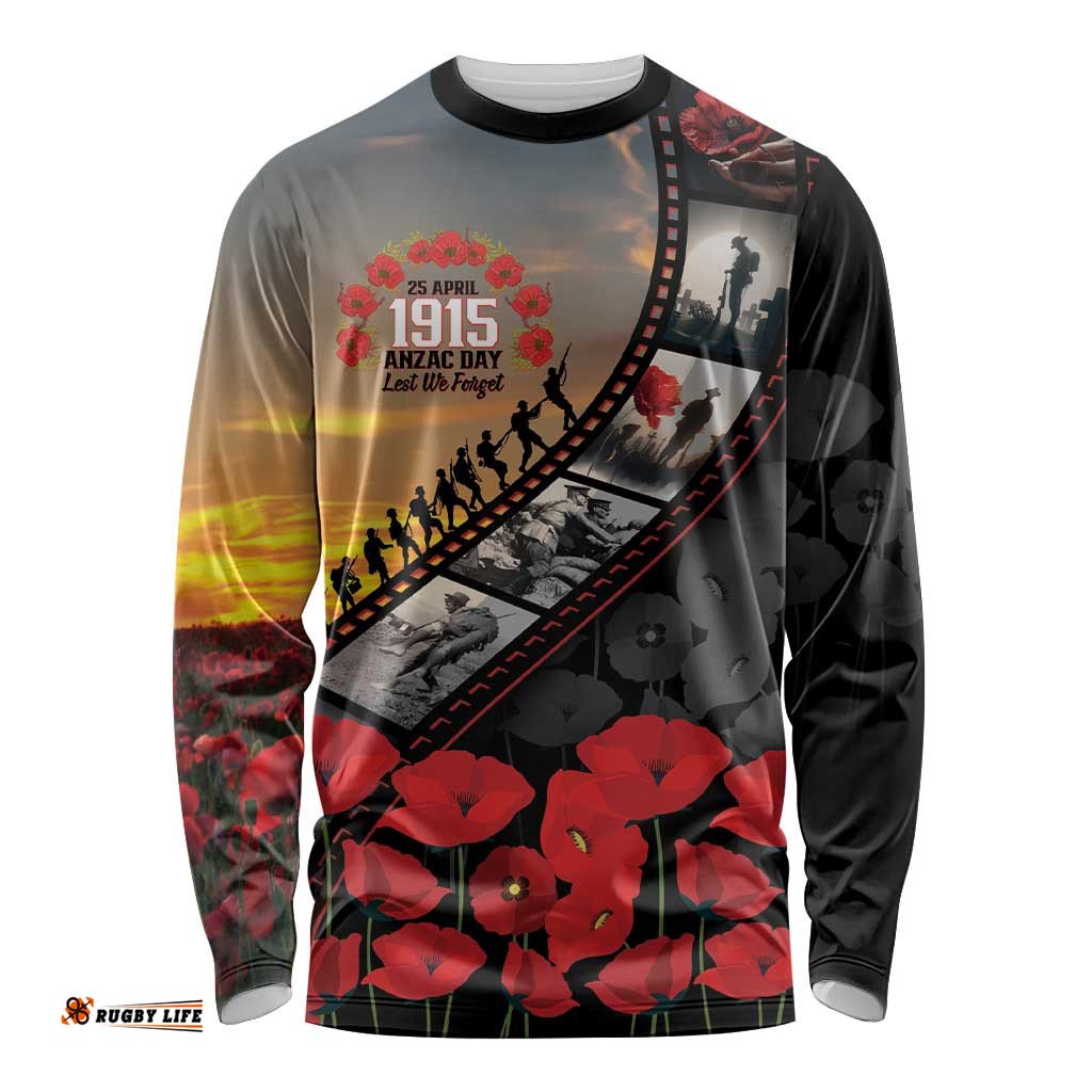 Personalised Remembering ANZAC Lest We Forget Long Sleeve Shirt Vintage Film Frame Memorial Red Poppy LT9
