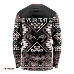 Personalised Taniko Motifs Aotearoa Long Sleeve Shirt Waitangi Kowhaiwhai Kiwi - Mocha LT7