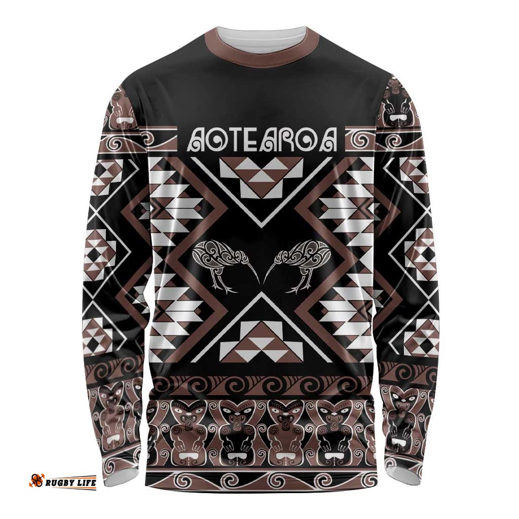 Personalised Taniko Motifs Aotearoa Long Sleeve Shirt Waitangi Kowhaiwhai Kiwi - Mocha LT7