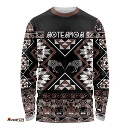 Personalised Taniko Motifs Aotearoa Long Sleeve Shirt Waitangi Kowhaiwhai Kiwi - Mocha LT7