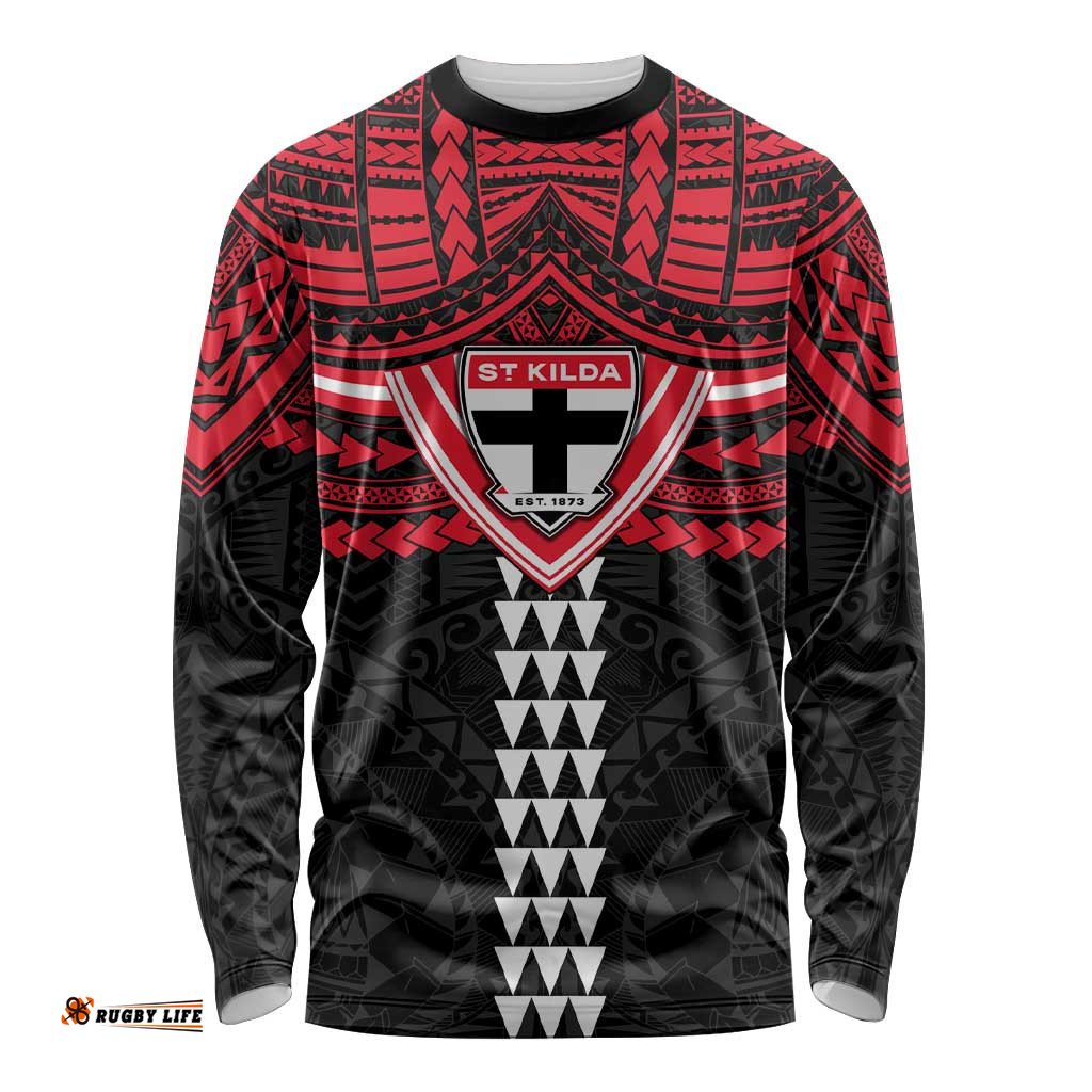 Personalized St Kilda Saints Long Sleeve Shirt Polynesian Tribal Pattern Heritage Football TS04