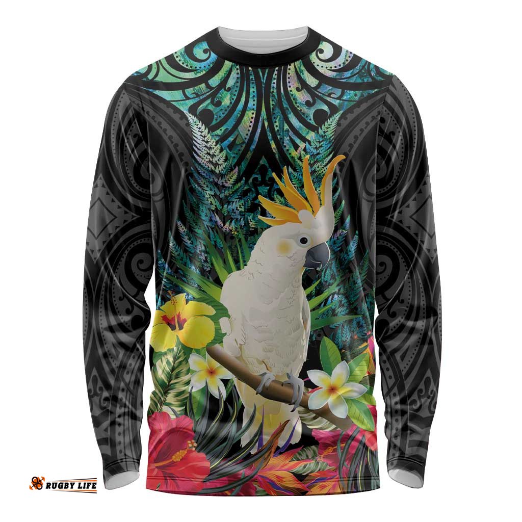 Sulphur-crested Cockatoo New Zealand Long Sleeve Shirt Paua Shell Aotearoa Maori Tropical Flowers LT14