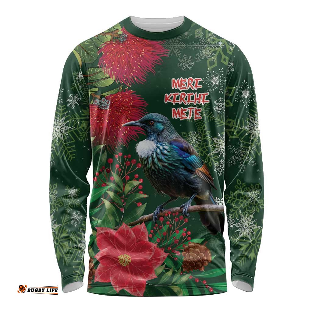 Tui Meri Kirihimete Personalised Long Sleeve Shirt Pohutukawa Flowers Green Motif LT9