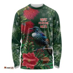 Tui Meri Kirihimete Personalised Long Sleeve Shirt Pohutukawa Flowers Green Motif LT9