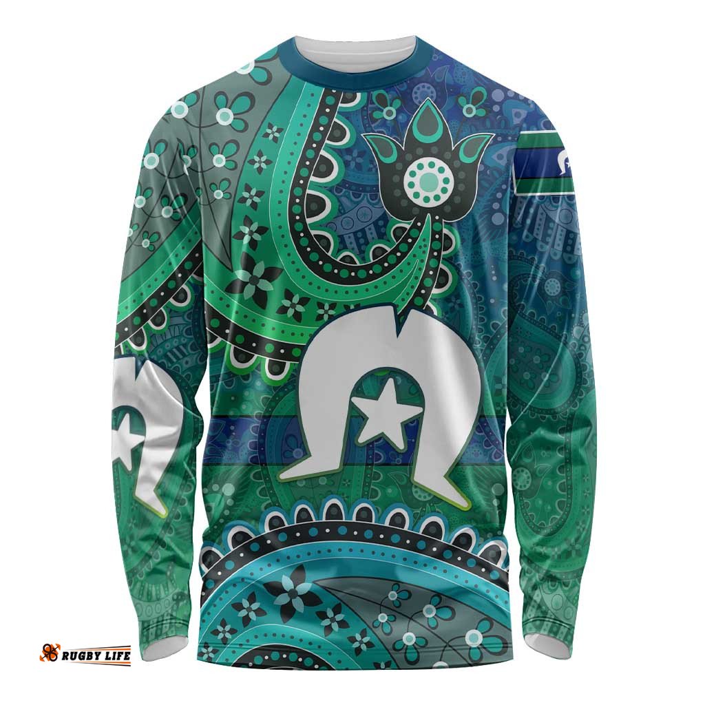 Torres Strait Islands Long Sleeve Shirt Dhari Emblem Vibrant Teal Indigenous TS04