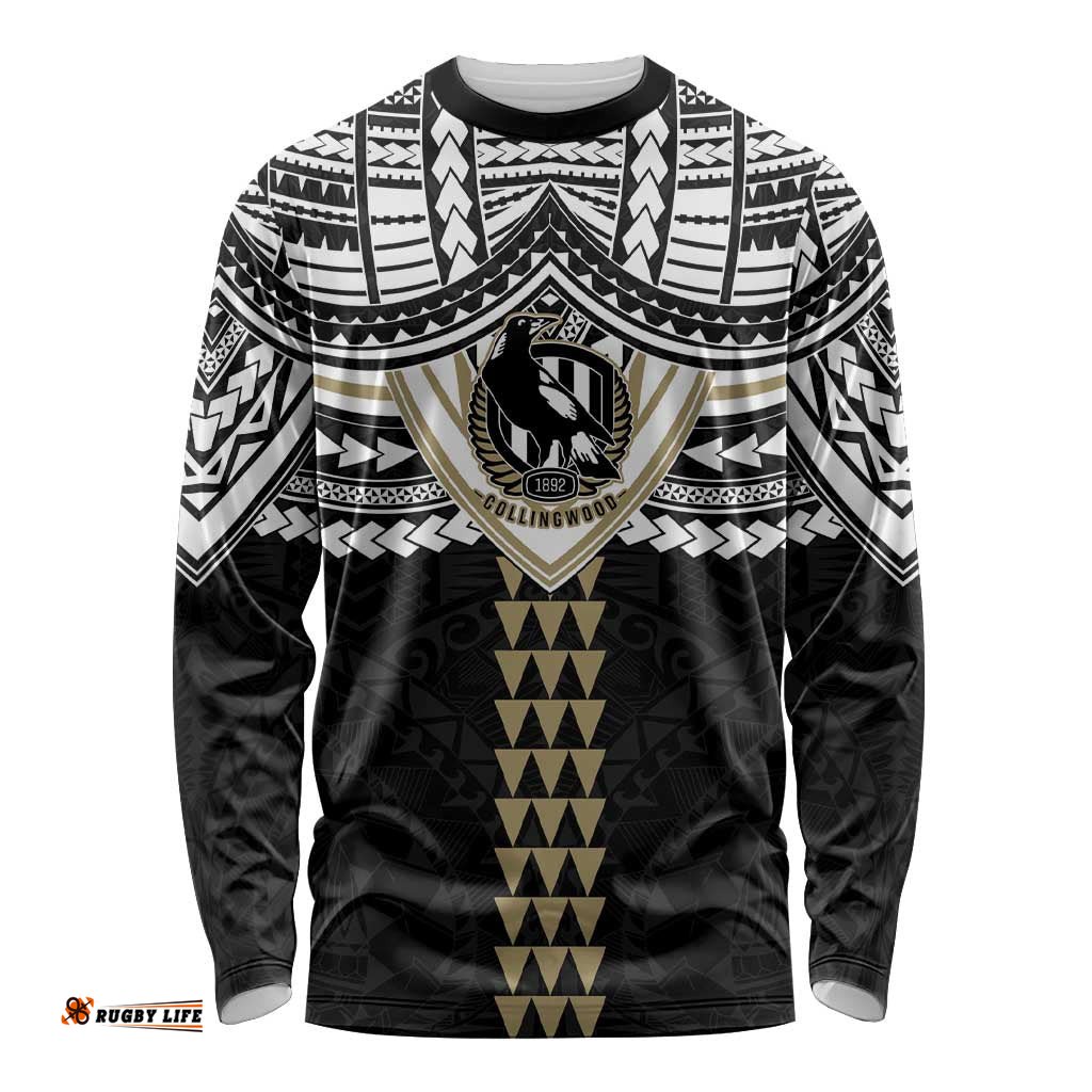 Personalized Collingwood Magpies Long Sleeve Shirt Polynesian Tribal Pattern Heritage Football TS04