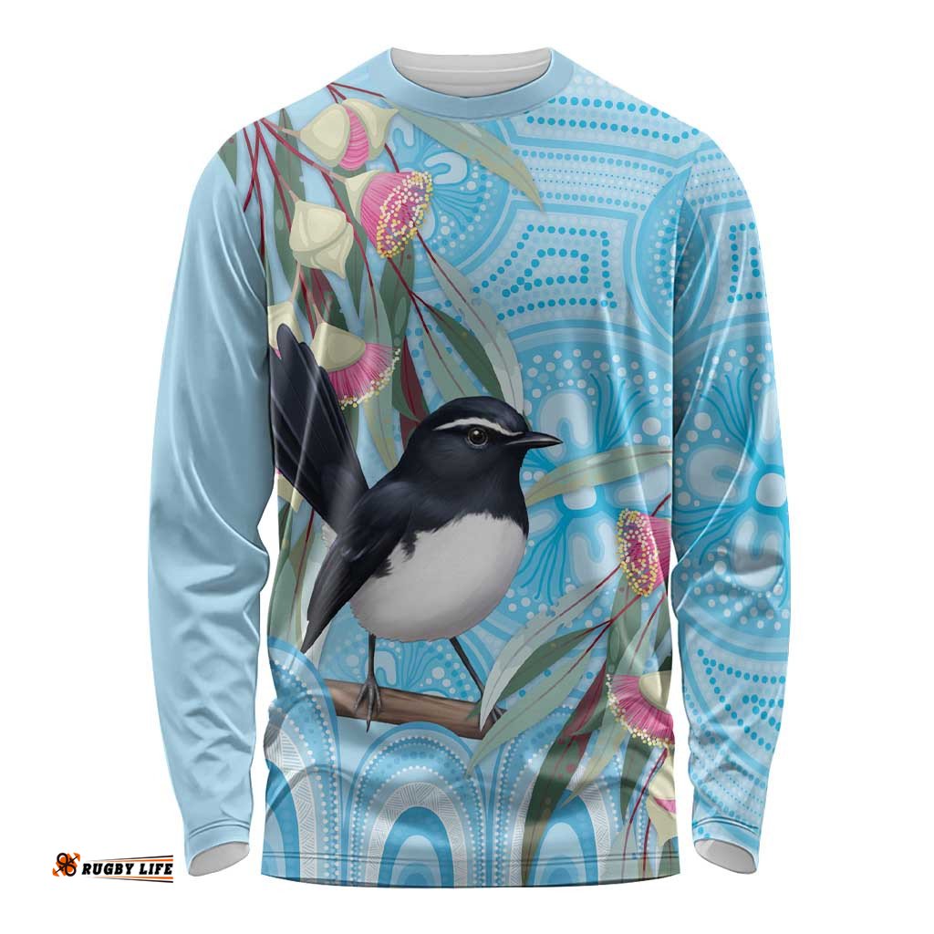 Willie wagtail Australia Long Sleeve Shirt Eucalyptus Blossoms Aboriginal Art LT14