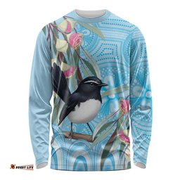 Willie wagtail Australia Long Sleeve Shirt Eucalyptus Blossoms Aboriginal Art LT14