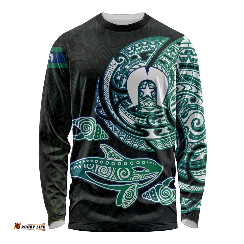 Whale and Dhari Torres Strait Islands Long Sleeve Shirt Deep Green Oceanic Tribal Pattern Art TS04