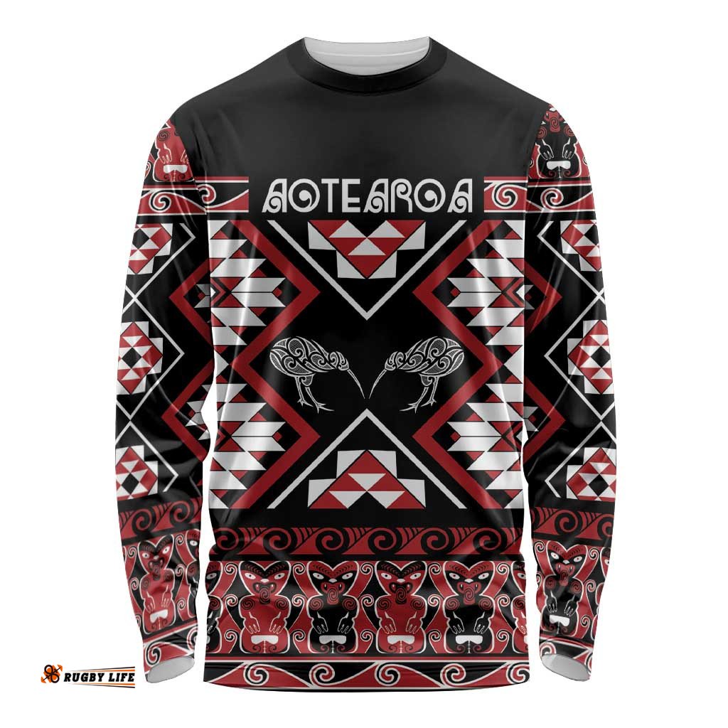 Personalised Taniko Motifs Aotearoa Long Sleeve Shirt Waitangi Kowhaiwhai Kiwi LT7