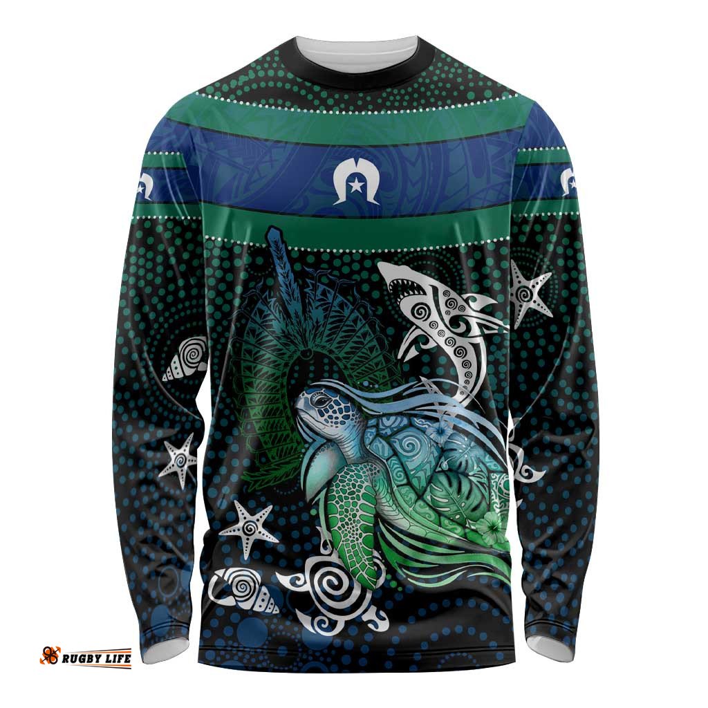 Torres Strait Islands Sea Turtle and Dhari Long Sleeve Shirt Oceanic Indigenous Dotwork Tribal Illustration TS04