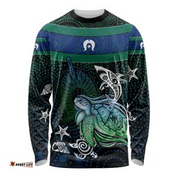 Torres Strait Islands Sea Turtle and Dhari Long Sleeve Shirt Oceanic Indigenous Dotwork Tribal Illustration TS04