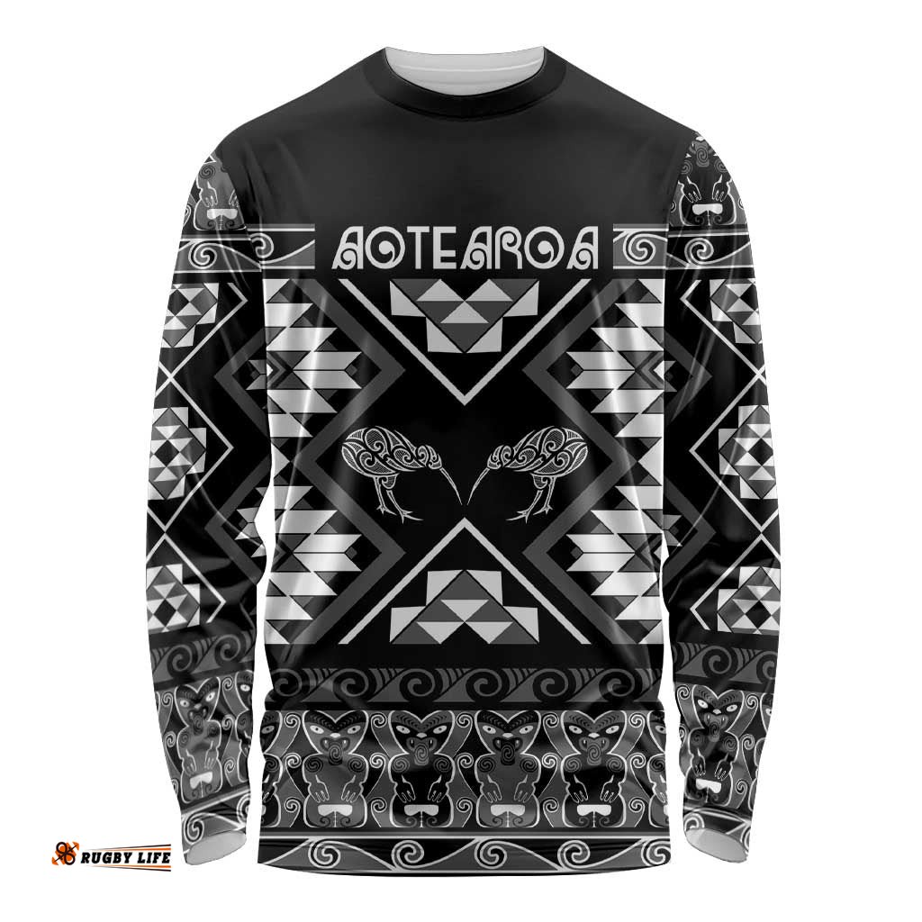 Personalised Taniko Motifs Aotearoa Long Sleeve Shirt Waitangi Kowhaiwhai Kiwi - Monochrome LT7