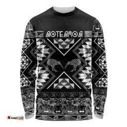 Personalised Taniko Motifs Aotearoa Long Sleeve Shirt Waitangi Kowhaiwhai Kiwi - Monochrome LT7