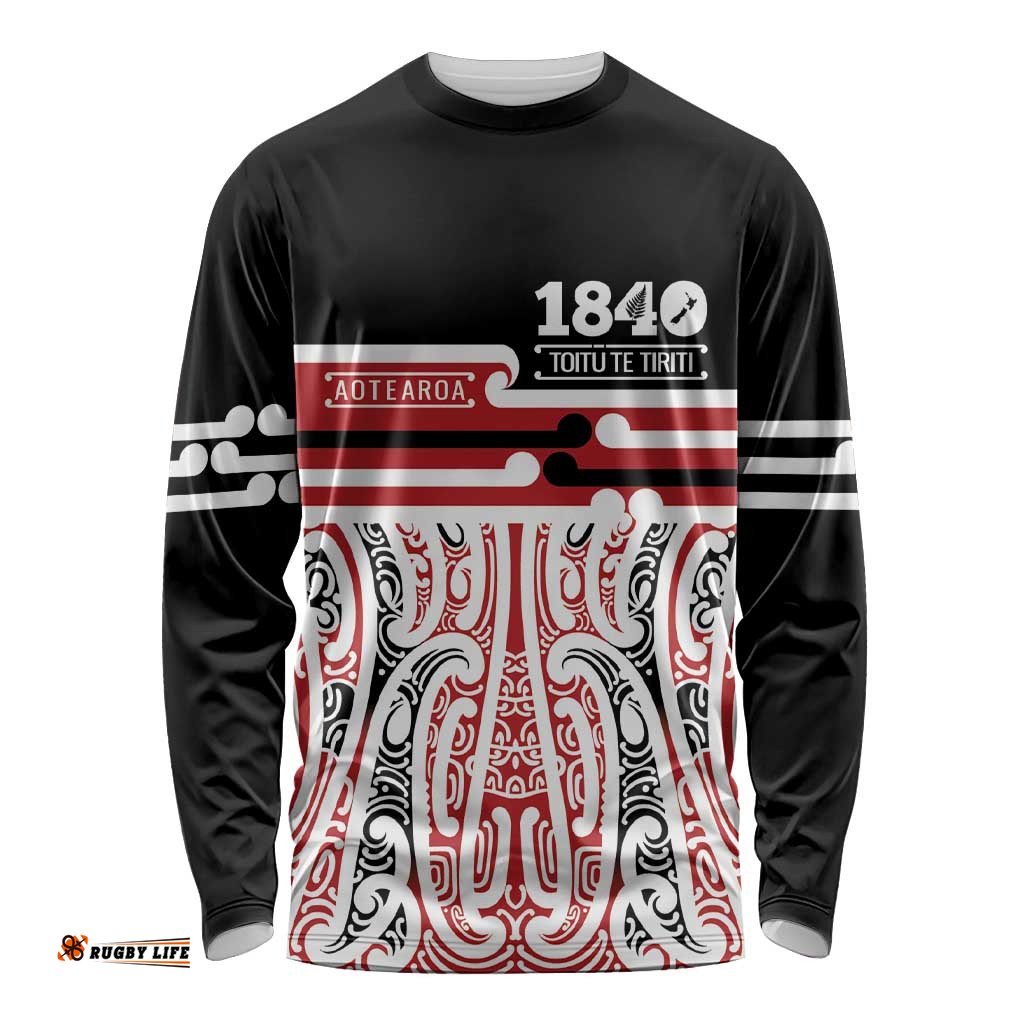Personalised Toitu Te Tiriti Aotearoa 1840 Long Sleeve Shirt Red Kowhaiwhai Puhoro LT9