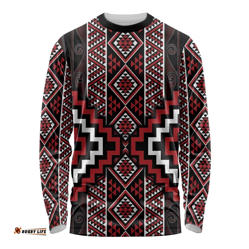 Red Tukutuku Pattern Aotearoa Long Sleeve Shirt Niho Taniwha and Puhoro Motifs LT7