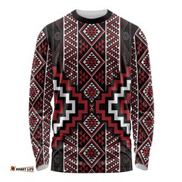 Red Tukutuku Pattern Aotearoa Long Sleeve Shirt Niho Taniwha and Puhoro Motifs LT7