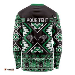 Personalised Taniko Motifs Aotearoa Long Sleeve Shirt Waitangi Kowhaiwhai Kiwi - Green LT7