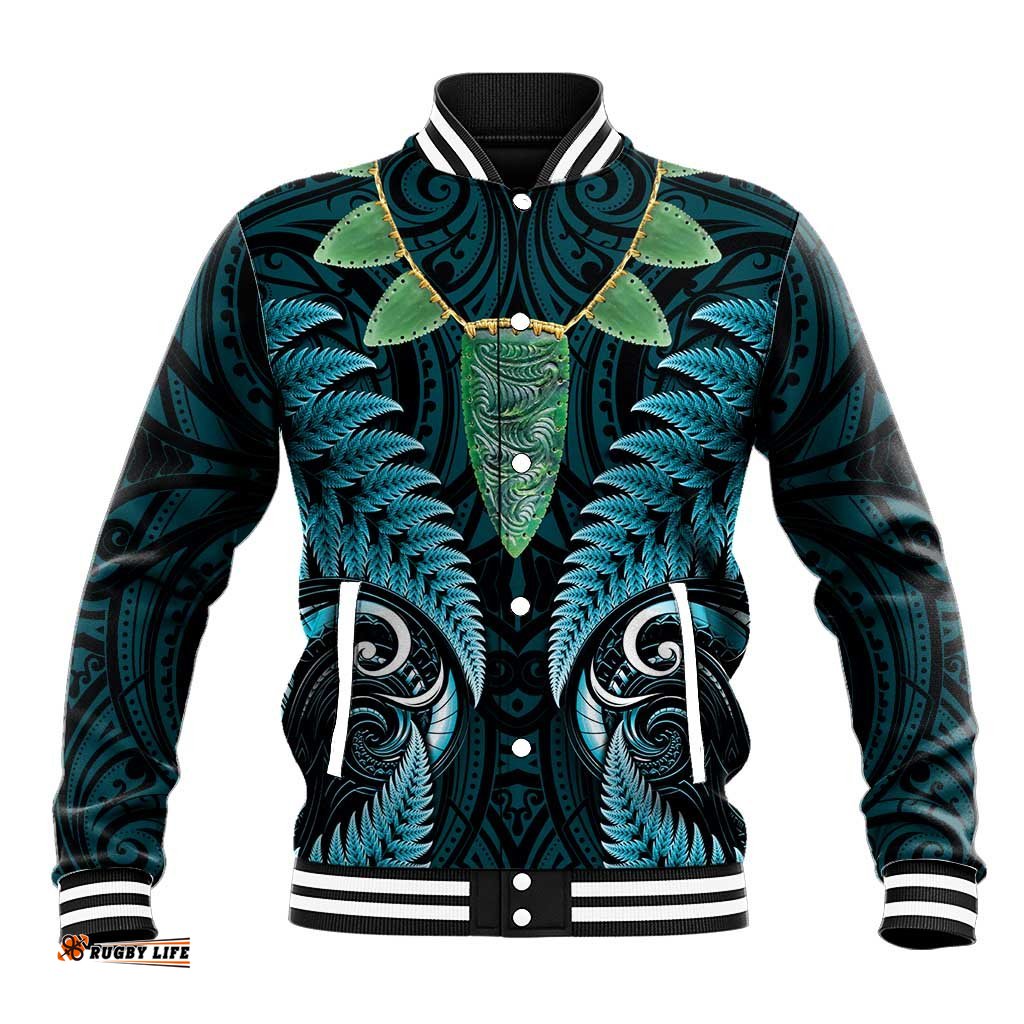 Aotearoa Pounamu Niho Baseball Jacket Silver Fern Mix Maori Pattern - Turquoise LT14