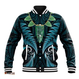 Aotearoa Pounamu Niho Baseball Jacket Silver Fern Mix Maori Pattern - Turquoise LT14