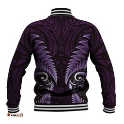 Aotearoa Pounamu Niho Baseball Jacket Silver Fern Mix Maori Pattern - Purple LT14