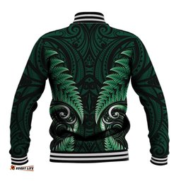 Aotearoa Pounamu Niho Baseball Jacket Silver Fern Mix Maori Pattern - Green LT14