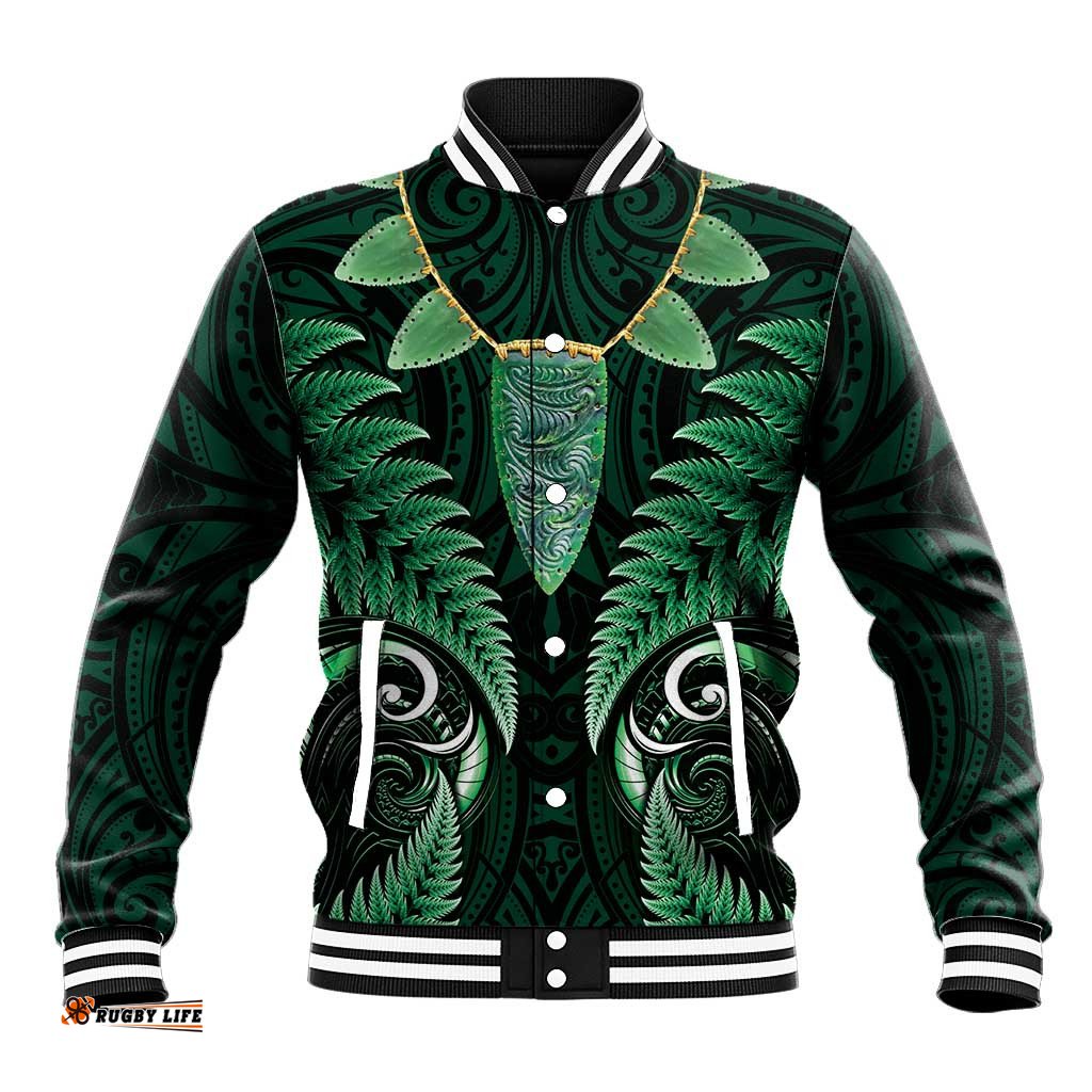 Aotearoa Pounamu Niho Baseball Jacket Silver Fern Mix Maori Pattern - Green LT14