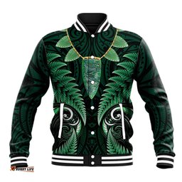 Aotearoa Pounamu Niho Baseball Jacket Silver Fern Mix Maori Pattern - Green LT14