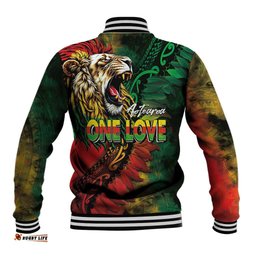 Aotearoa One Love Baseball Jacket Reggae Lion with Kakahu Huruhuru LT03