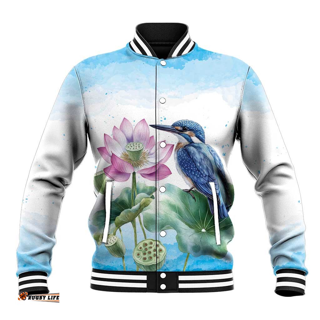 Australia Azure Kingfisher Baseball Jacket Ceyx Azureus Sacred Lotus Watercolor LT14