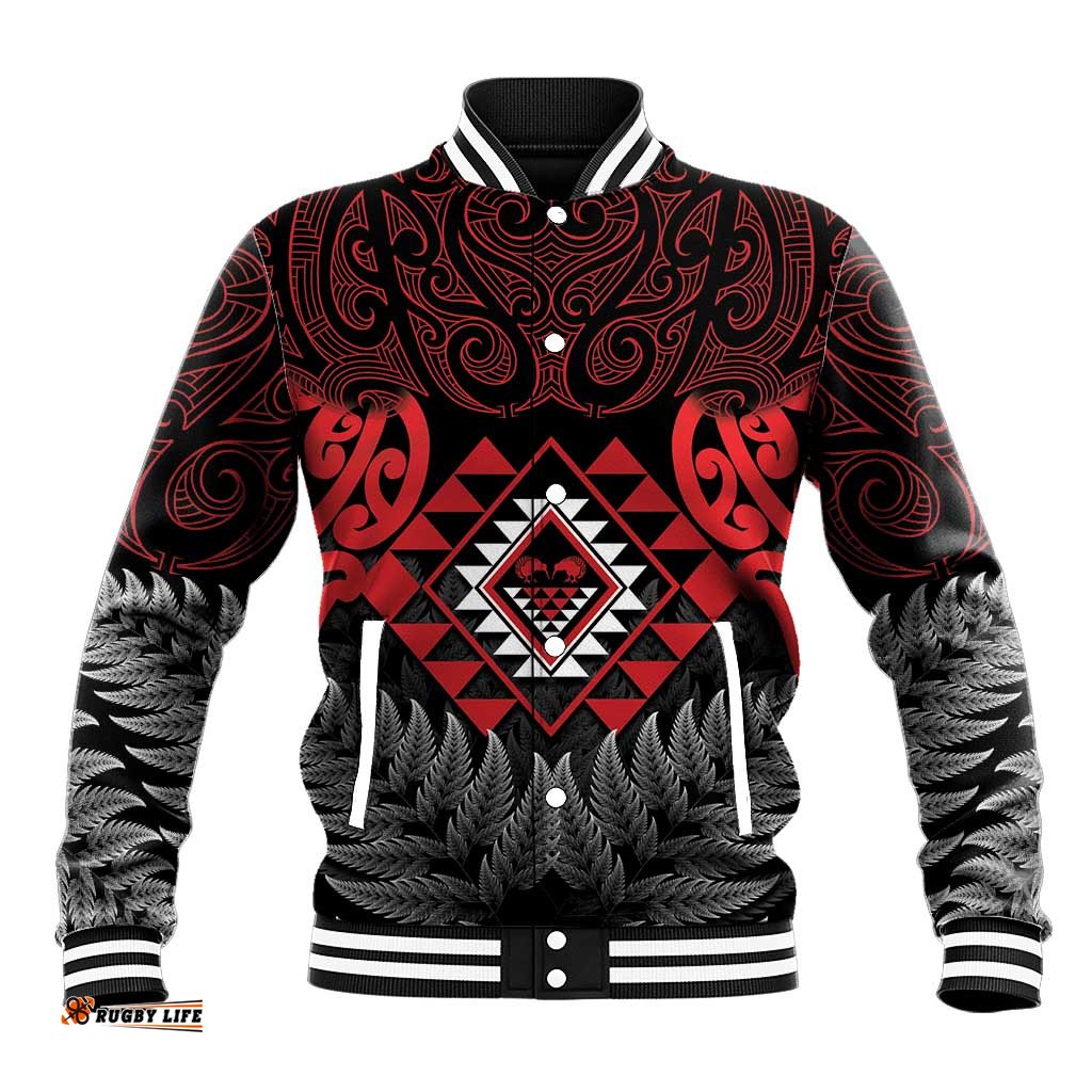 Aotearoa Kiwi Taniko Baseball Jacket Silver Fern With Maori Koru Pattern LT14