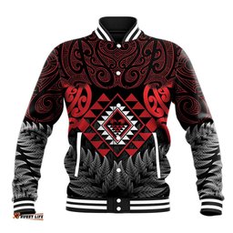 Aotearoa Kiwi Taniko Baseball Jacket Silver Fern With Maori Koru Pattern LT14