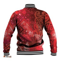 Aotearoa Taniko Matariki Baseball Jacket Cosmic Red LT7