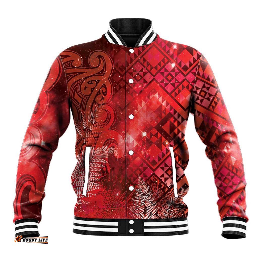 Aotearoa Taniko Matariki Baseball Jacket Cosmic Red LT7