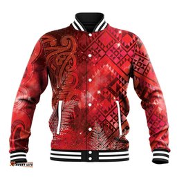 Aotearoa Taniko Matariki Baseball Jacket Cosmic Red LT7