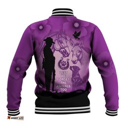 Australia Animals ANZAC Day Baseball Jacket Lest We Forget The Animals Too Purple Poppy LT14