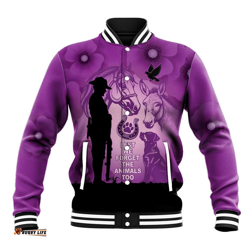 Australia Animals ANZAC Day Baseball Jacket Lest We Forget The Animals Too Purple Poppy LT14