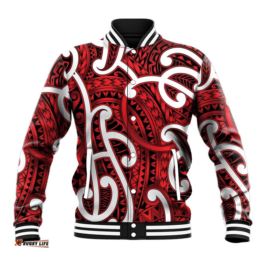 Aotearoa Maori Kowhaiwhai Baseball Jacket Whero Puhoro and Patiki LT9