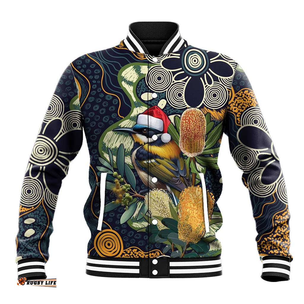 Aussie Honeyeaters Banksia Christmas Baseball Jacket Aboriginal Dots Painting Blue Motif LT9