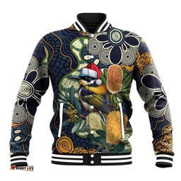 Aussie Honeyeaters Banksia Christmas Baseball Jacket Aboriginal Dots Painting Blue Motif LT9