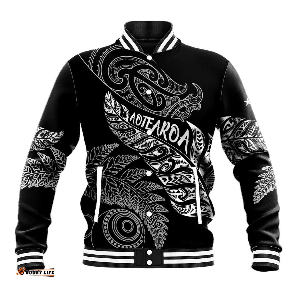 Aotearoa Personalized Lawn Bowls Maori Baseball Jacket New Zealand Black Tribal Silver Fern LT7