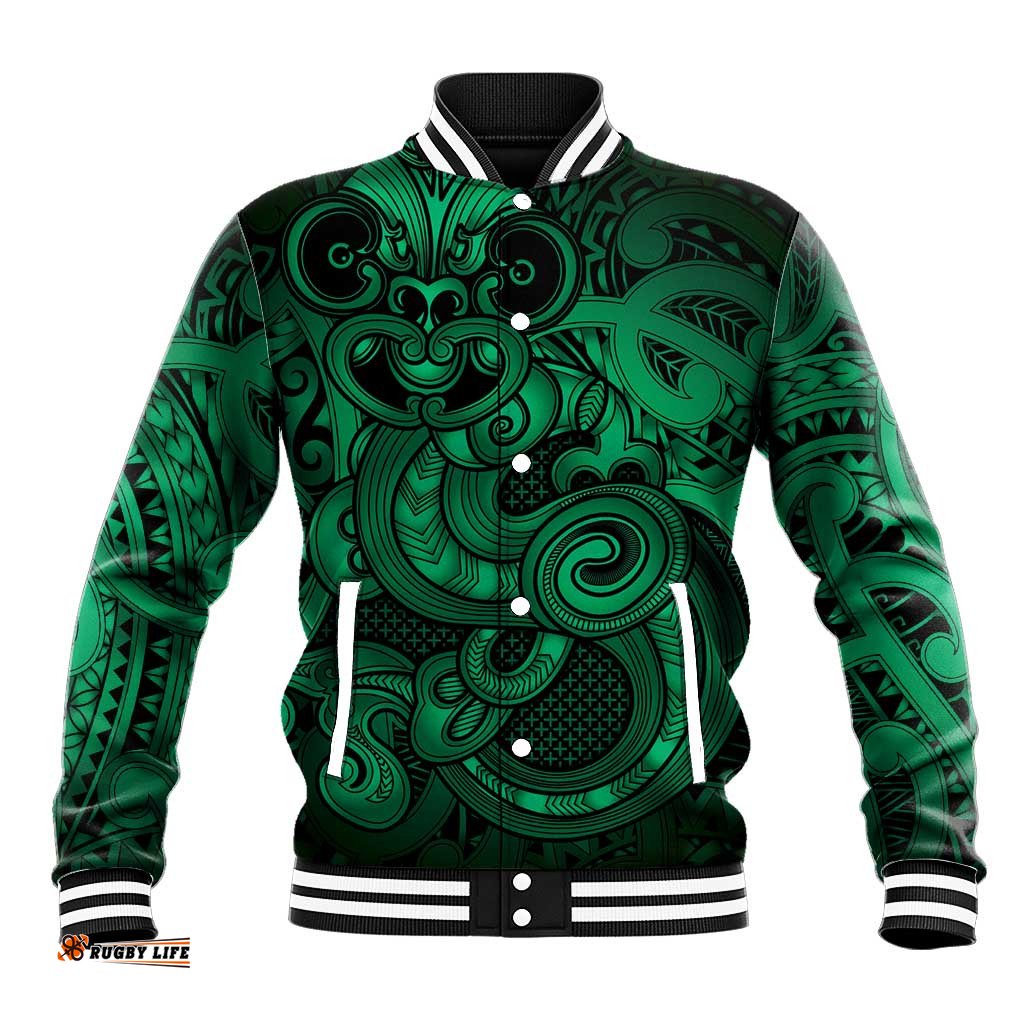 Aotearoa Maori Hei Tiki Baseball Jacket Kakariki Kowhaiwhai Puhoro Motif LT9