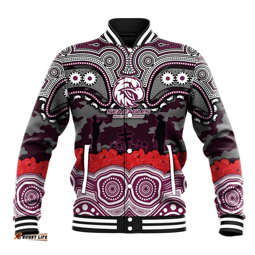 ANZAC Day Manly Warringah Sea Eagles Baseball Jacket Military Memorial Aboriginal Indigenous Art TS04