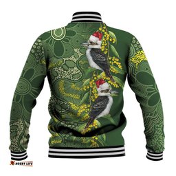 Aussie Kokaburra Golden Wattle Christmas Baseball Jacket Aboriginal Dots Painting Green Motif LT9