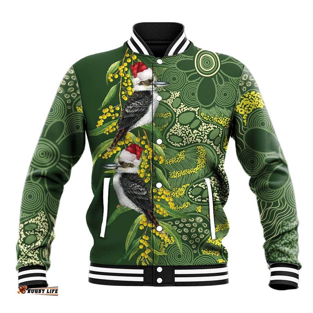 Aussie Kokaburra Golden Wattle Christmas Baseball Jacket Aboriginal Dots Painting Green Motif LT9
